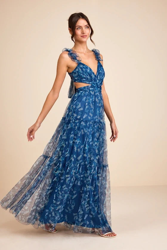 V-Neck Tulle Ruffled Floor-Length Evening Dress - Chloe Dress