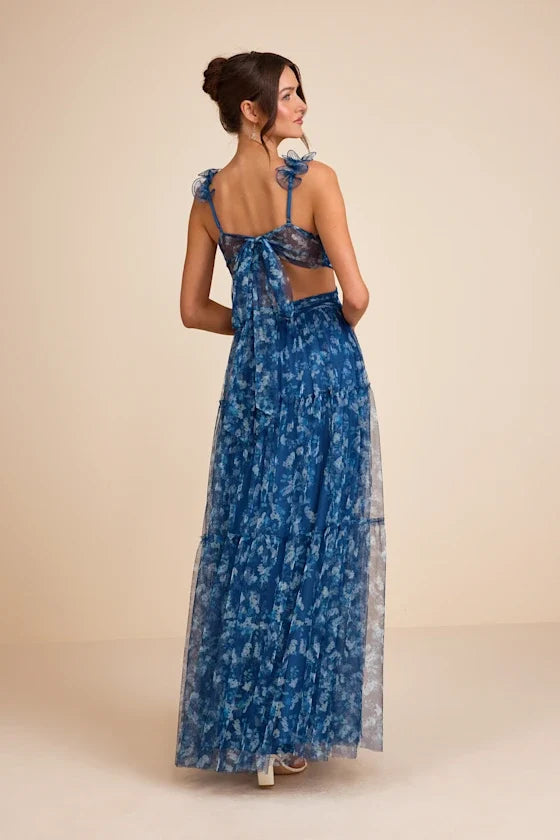 V-Neck Tulle Ruffled Floor-Length Evening Dress - Chloe Dress