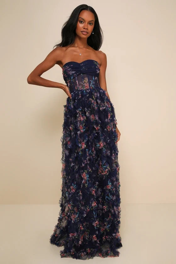 Navy Sweetheart Tulle Ruffled Floor-Length Prom Dress - Chloe Dress