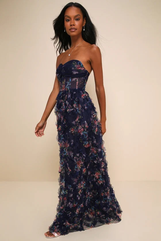 Navy Sweetheart Tulle Ruffled Floor-Length Prom Dress - Chloe Dress