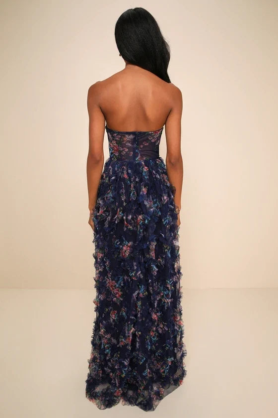 Navy Sweetheart Tulle Ruffled Floor-Length Prom Dress - Chloe Dress