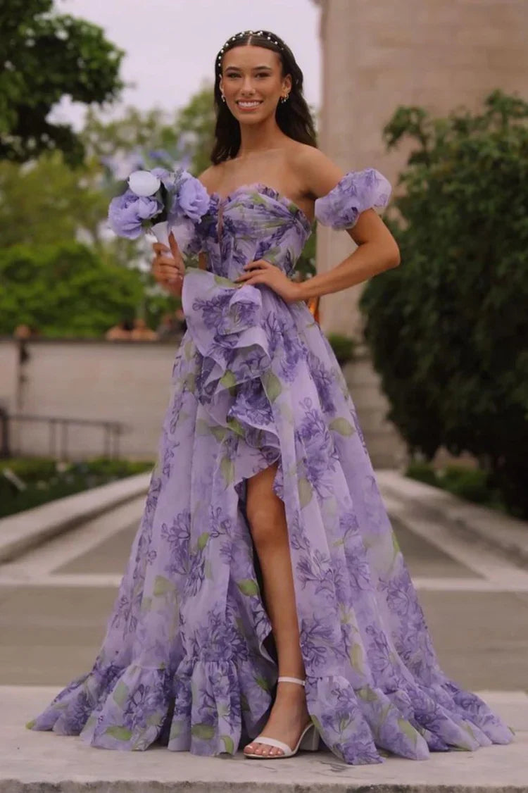 Ball Gown Puff Sleeve High Slit Floor-Length Prom Gown - Chloe Dress