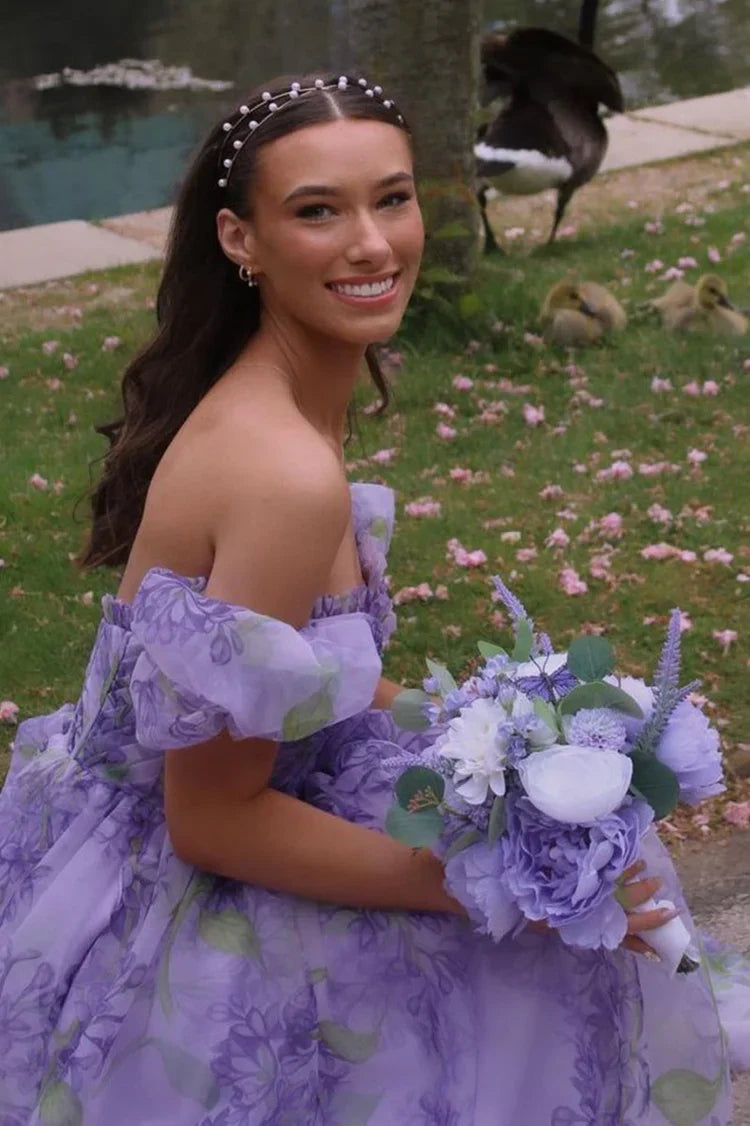 Ball Gown Puff Sleeve High Slit Floor-Length Prom Gown - Chloe Dress
