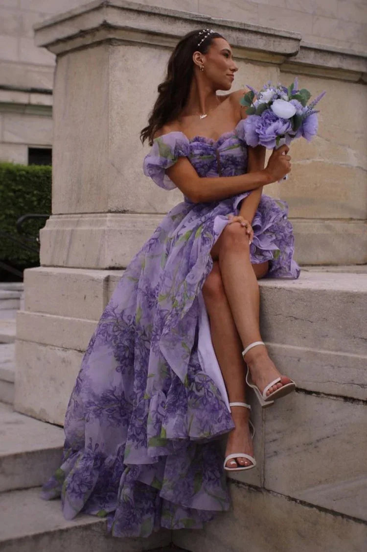 Ball Gown Puff Sleeve High Slit Floor-Length Prom Gown - Chloe Dress