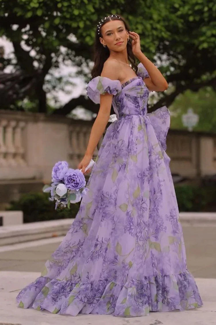 Ball Gown Puff Sleeve High Slit Floor-Length Prom Gown - Chloe Dress