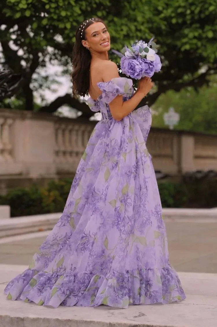 Ball Gown Puff Sleeve High Slit Floor-Length Prom Gown - Chloe Dress
