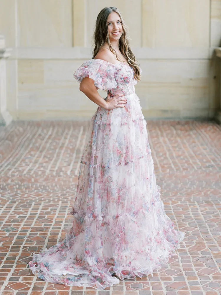 Ball Gown Puff Sleeve Ruffled Floor-Length Prom Gown - Chloe Dress