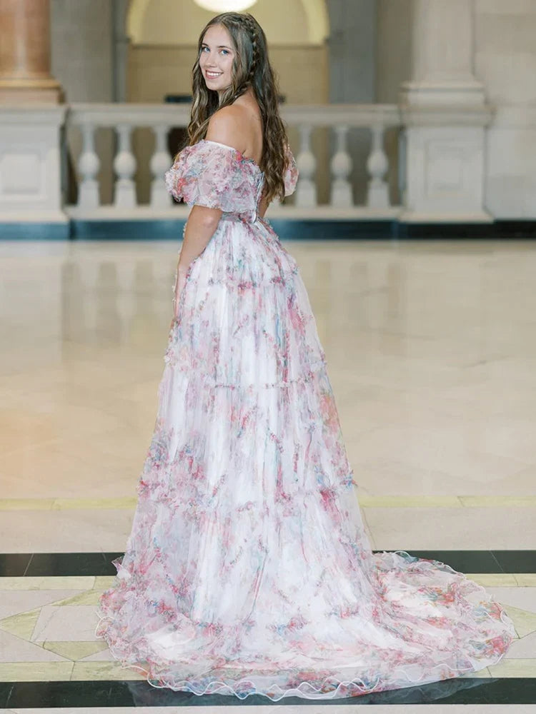 Ball Gown Puff Sleeve Ruffled Floor-Length Prom Gown - Chloe Dress