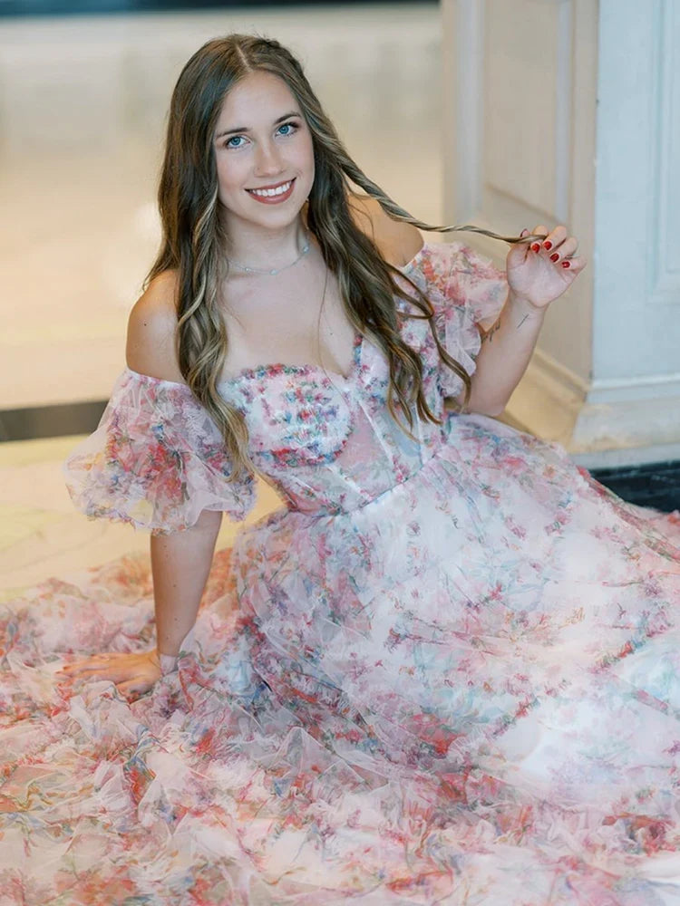 Ball Gown Puff Sleeve Ruffled Floor-Length Prom Gown - Chloe Dress
