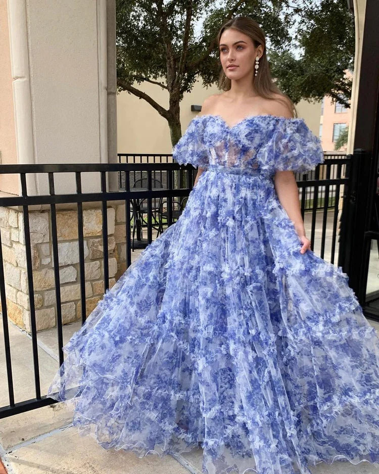 Ball Gown Puff Sleeve Ruffled Floor-Length Prom Gown - Chloe Dress