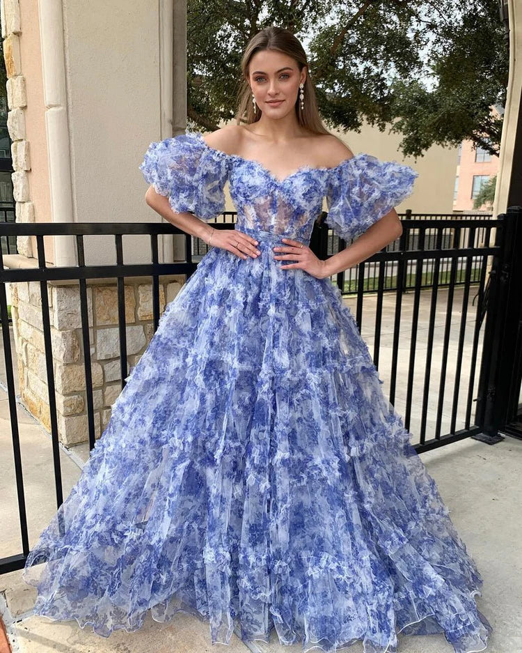 Ball Gown Puff Sleeve Ruffled Floor-Length Prom Gown - Chloe Dress