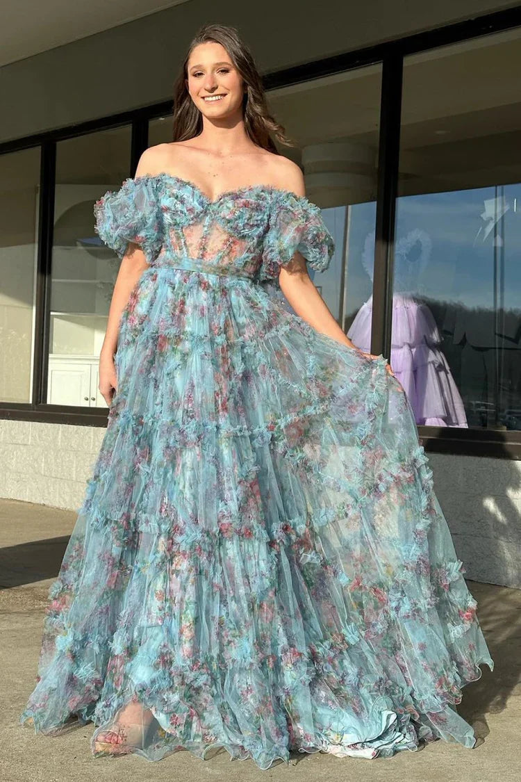 Ball Gown Puff Sleeve Ruffled Floor-Length Prom Gown - Chloe Dress