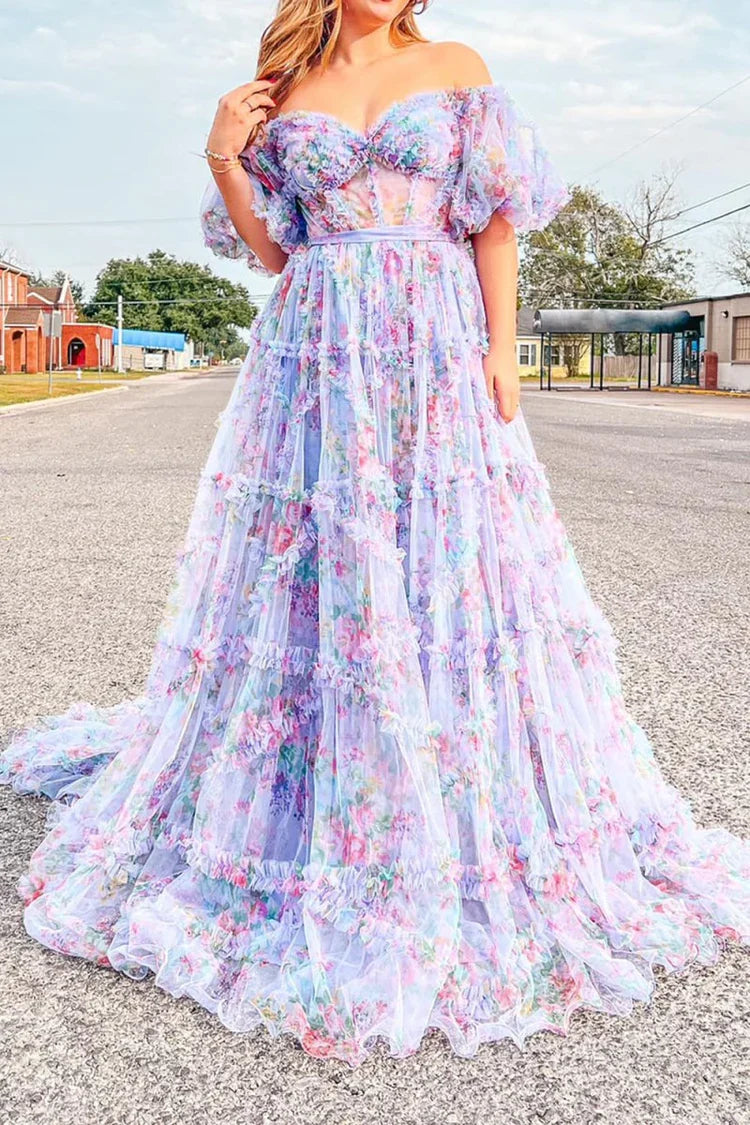 Ball Gown Puff Sleeve Ruffled Floor-Length Prom Gown - Chloe Dress