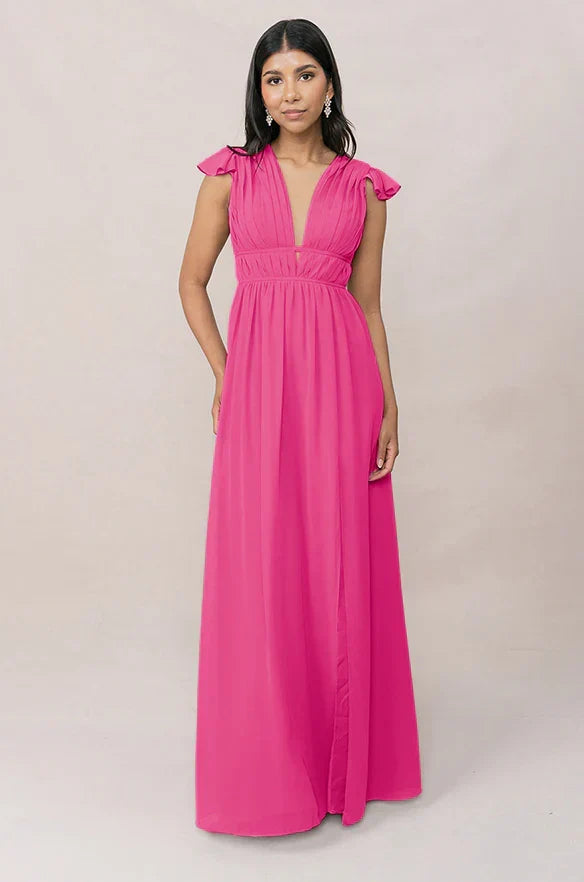V-Neck Chiffon Cap Sleeve Ruffled Wedding Gown - Chloe Dress