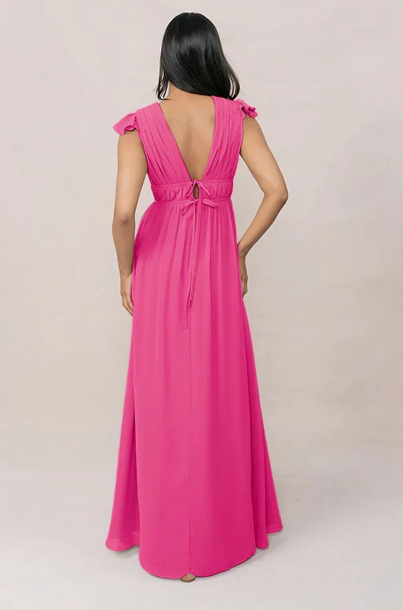 V-Neck Chiffon Cap Sleeve Ruffled Wedding Gown - Chloe Dress