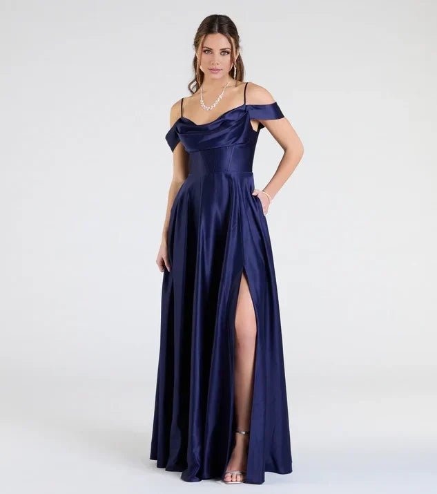 A-Line Off-Shoulder Satin High Slit Floor-Length Evening Dress - Chloe Dress