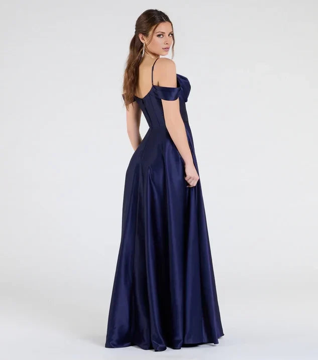 A-Line Off-Shoulder Satin High Slit Floor-Length Evening Dress - Chloe Dress