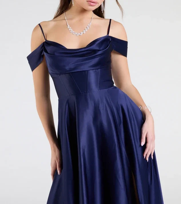 A-Line Off-Shoulder Satin High Slit Floor-Length Evening Dress - Chloe Dress