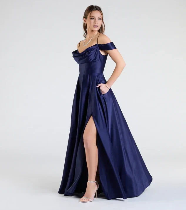 A-Line Off-Shoulder Satin High Slit Floor-Length Evening Dress - Chloe Dress