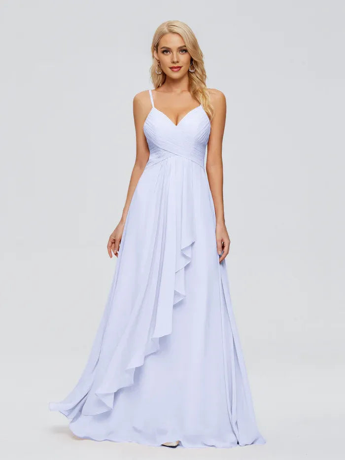 A-Line Spaghetti Strap Chiffon Sleeveless Pleated Floor-Length Wedding Dress - Chloe Dress