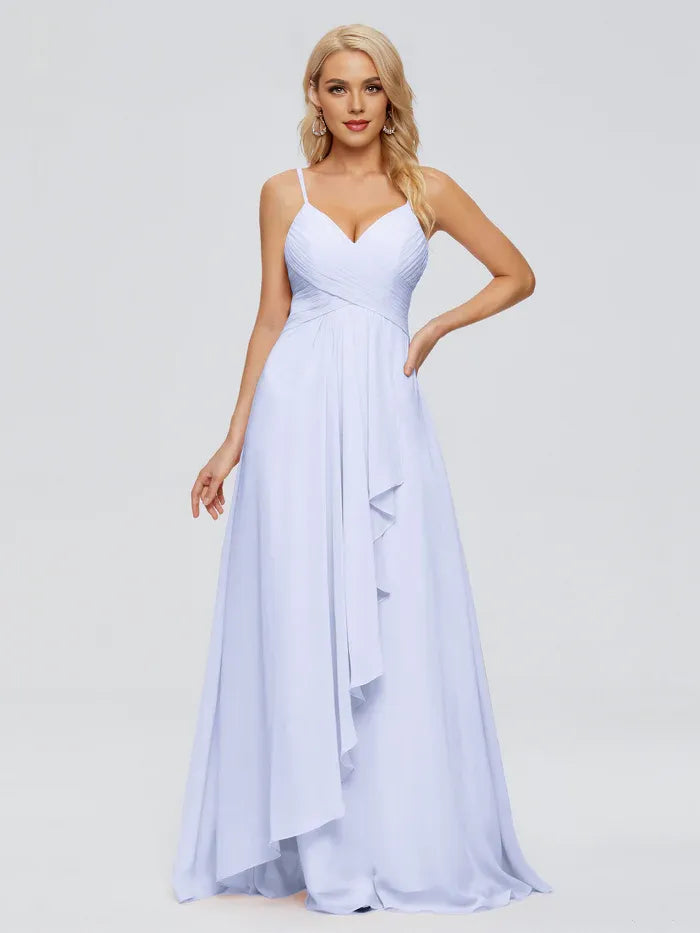 A-Line Spaghetti Strap Chiffon Sleeveless Pleated Floor-Length Wedding Dress - Chloe Dress
