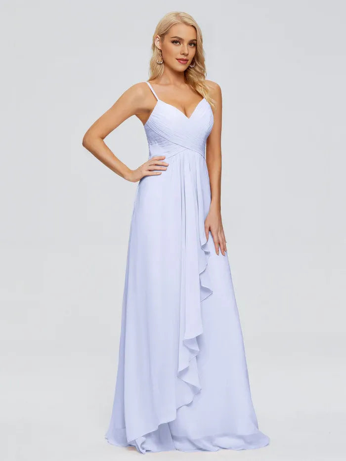 A-Line Spaghetti Strap Chiffon Sleeveless Pleated Floor-Length Wedding Dress - Chloe Dress