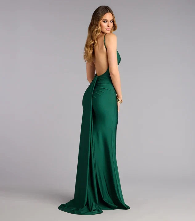 Green Mermaid V-Neck Sleeveless Open Back Floor-Length Evening Dress - Chloe Dress