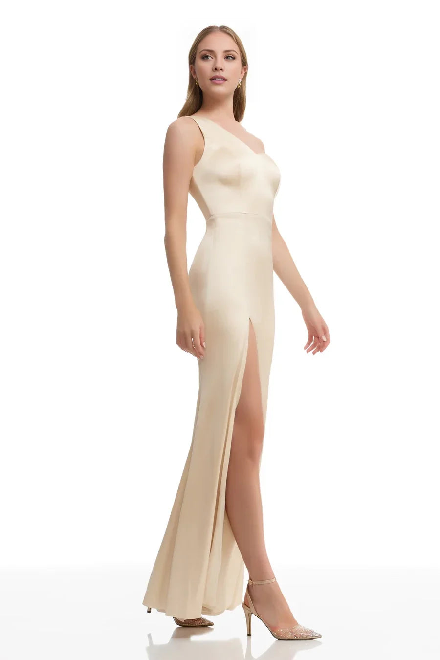 Mermaid One-Shoulder Satin Sleeveless High Slit Floor-Length Evening Dress - Chloe Dress