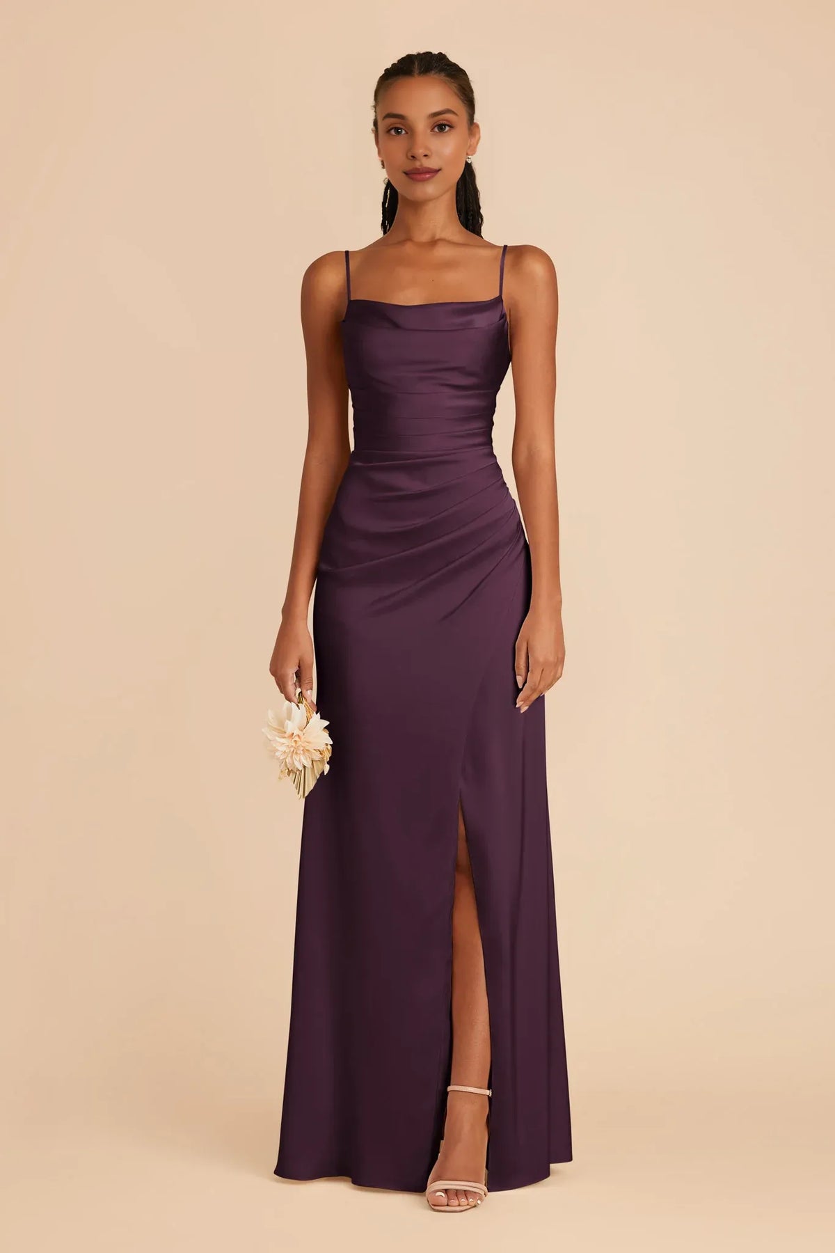 Plum Spaghetti Strap Satin Pleated Floor-Length Wedding Dress - Chloe Dress