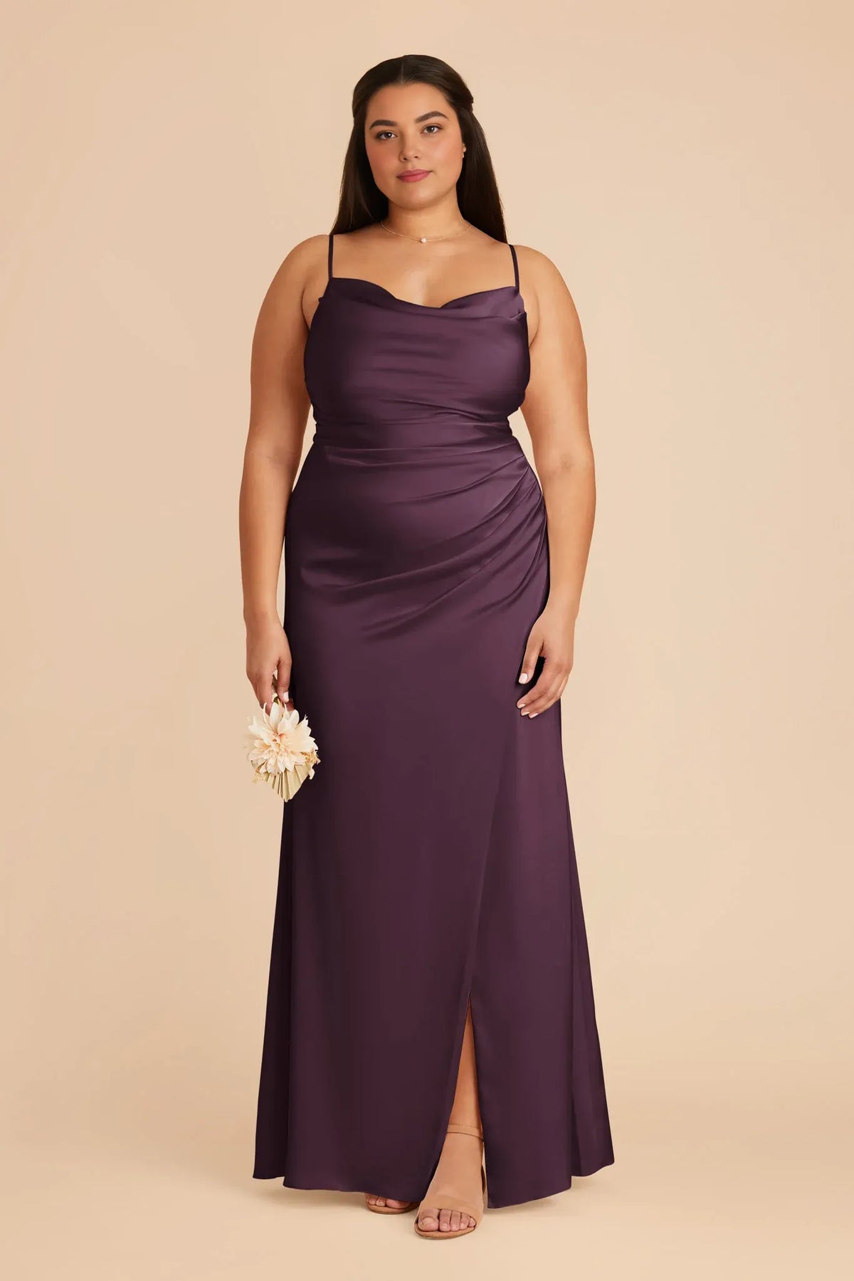 Plum Spaghetti Strap Satin Pleated Floor-Length Wedding Dress - Chloe Dress