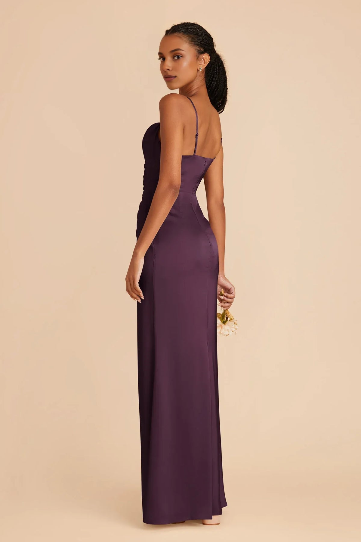 Plum Spaghetti Strap Satin Pleated Floor-Length Wedding Dress - Chloe Dress