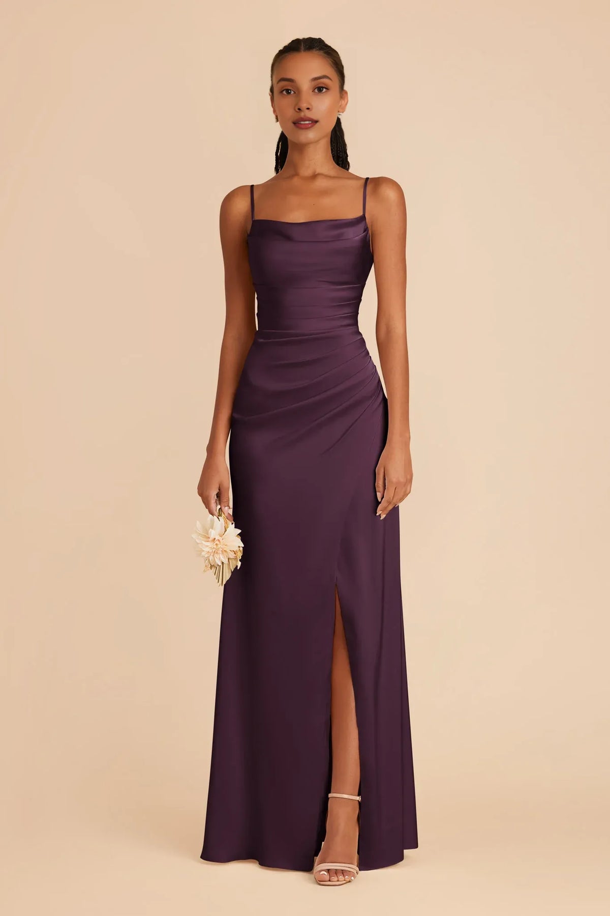 Plum Spaghetti Strap Satin Pleated Floor-Length Wedding Dress - Chloe Dress