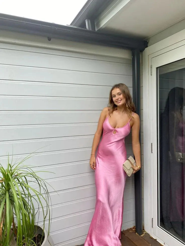 Pink Satin Slip Keyhole Spaghetti‑Strap Mermaid Train Prom Dresses