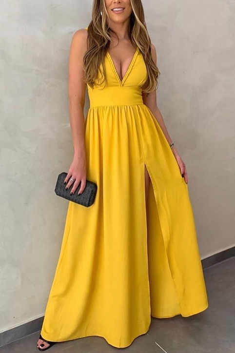 A-Line V-Neck Sleeveless High Slit Floor-Length Evening Dress - Chloe Dress