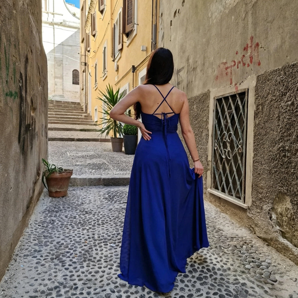 Blue A-Line V-Neck Chiffon High Slit Evening Dress - Chloe Dress
