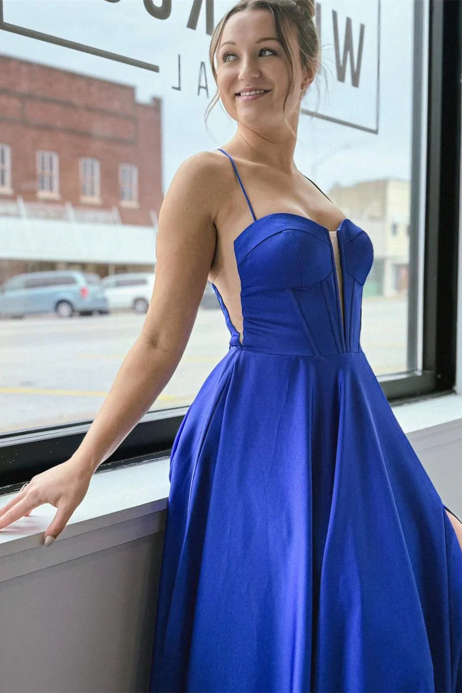 A-Line Sweetheart Lace Lace-Up Back High Slit Floor-Length Evening Dress - Chloe Dress