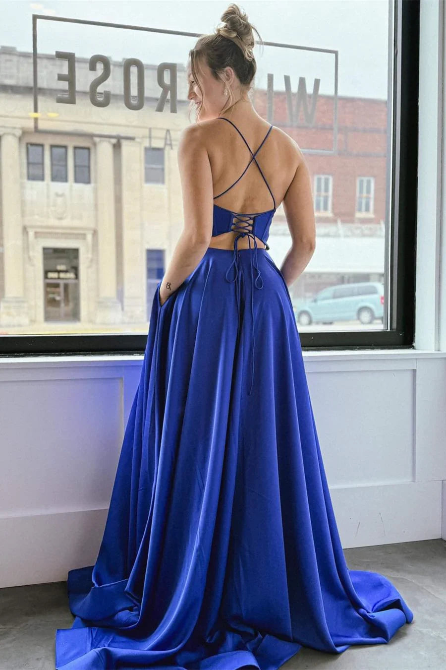 A-Line Sweetheart Lace Lace-Up Back High Slit Floor-Length Evening Dress - Chloe Dress