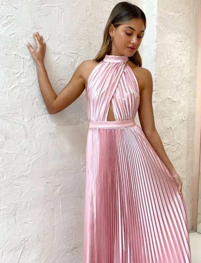 A-Line Halter Sleeveless Pleated Floor-Length Evening Dress - Chloe Dress