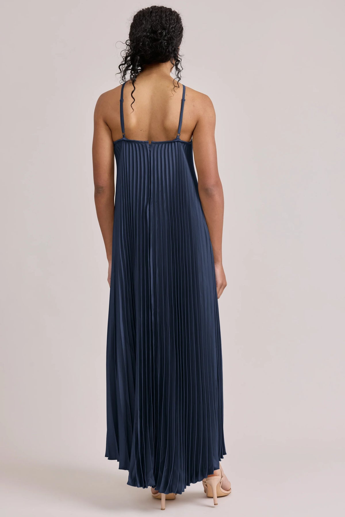 Navy Blue Halter Satin Pleated Wedding Dress - Chloe Dress
