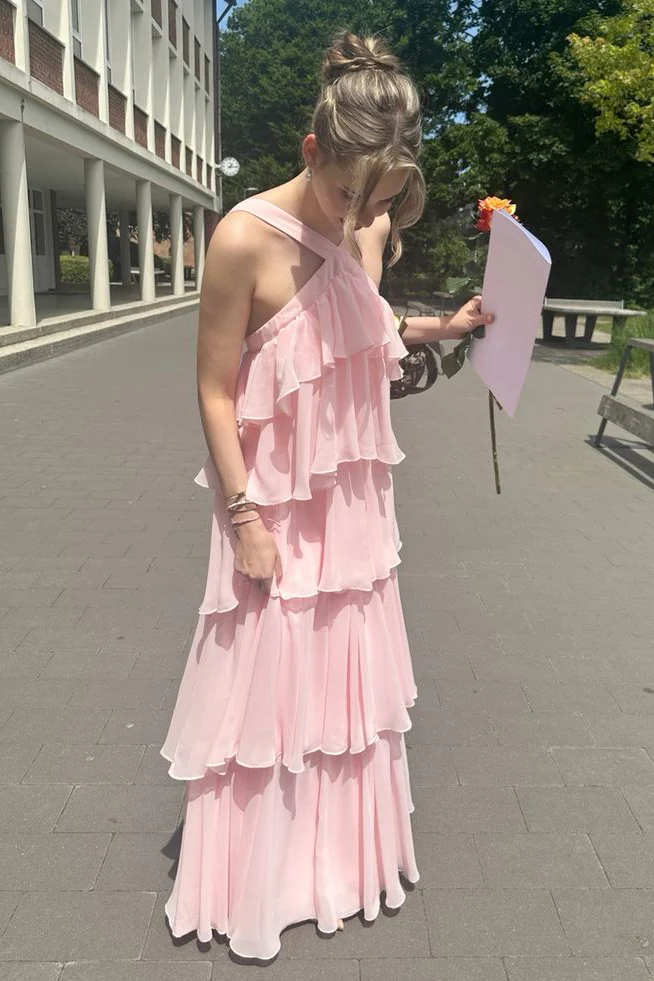 One-Shoulder Chiffon Sleeveless Tiered Floor-Length Evening Dress - Chloe Dress