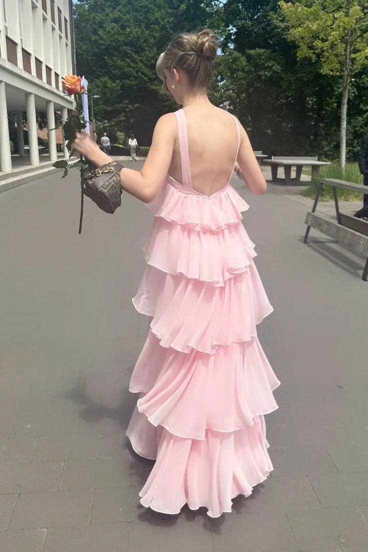 One-Shoulder Chiffon Sleeveless Tiered Floor-Length Evening Dress - Chloe Dress
