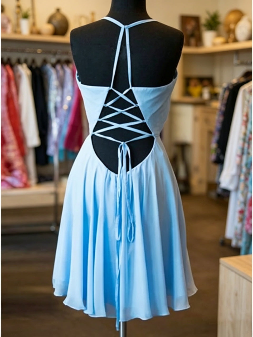 Spaghetti Strap Chiffon Open Back Mini Formal Dress - Chloe Dress