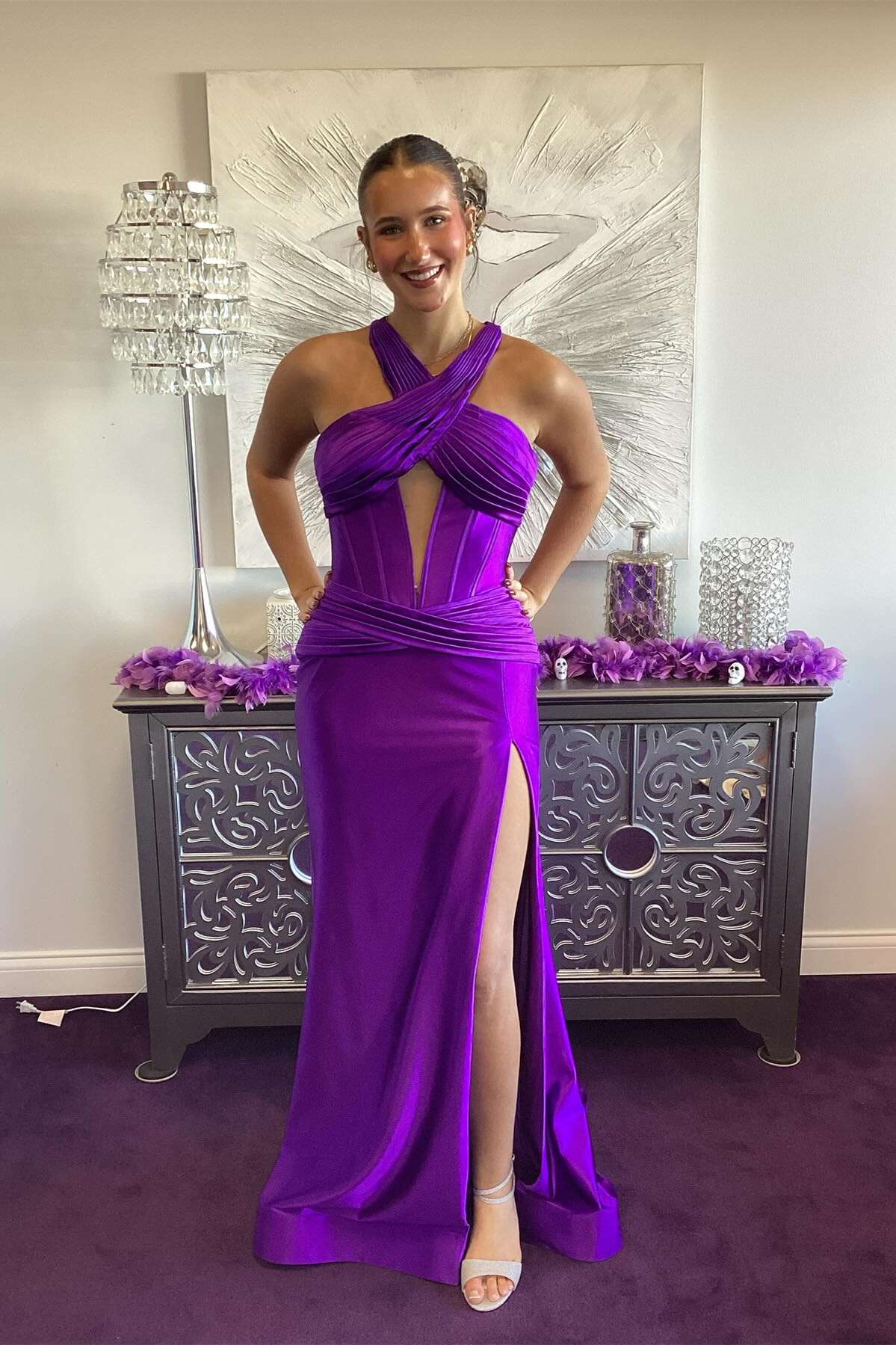 Halter Satin Sleeveless High Slit Evening Dress - Chloe Dress
