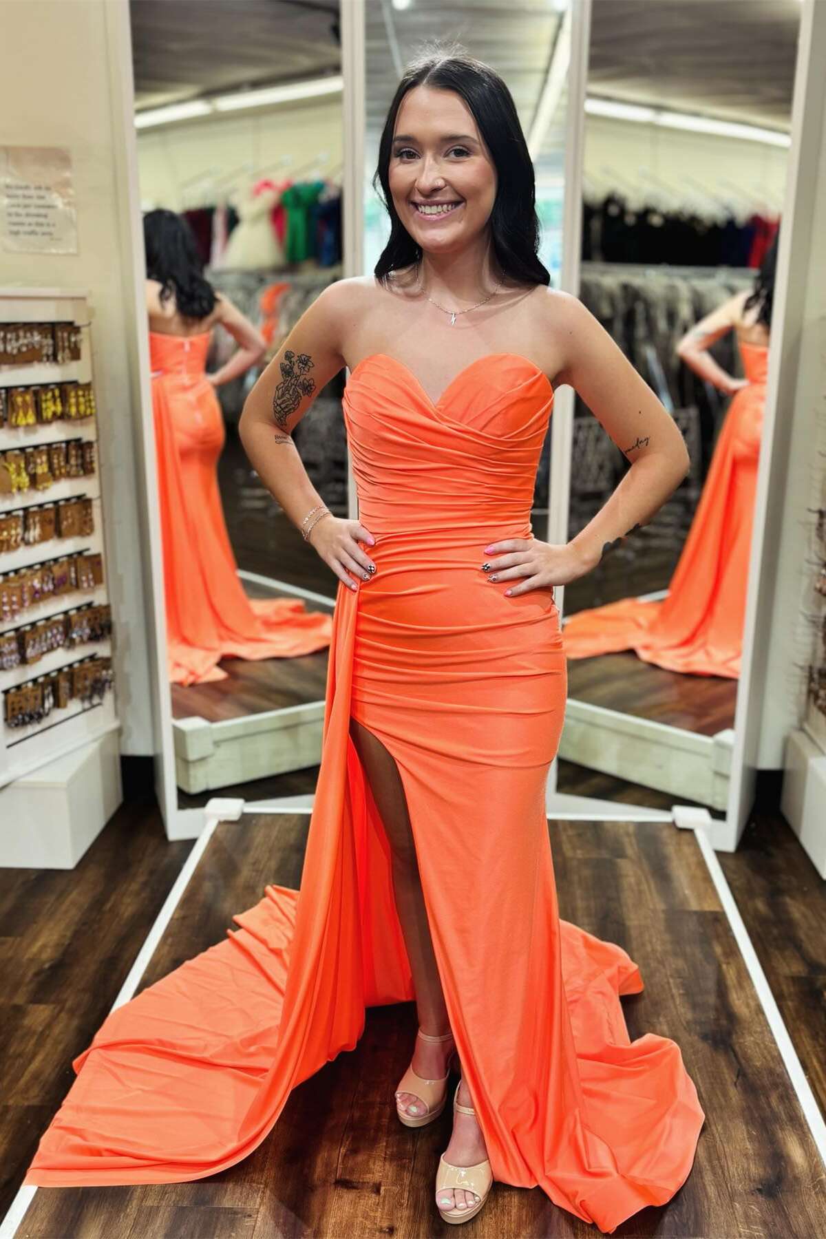 Orange Sweetheart Zipper Back High Slit Evening Dress - Chloe Dress