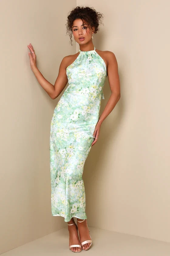 Halter Satin Sleeveless High Slit Midi Prom Dress - Chloe Dress