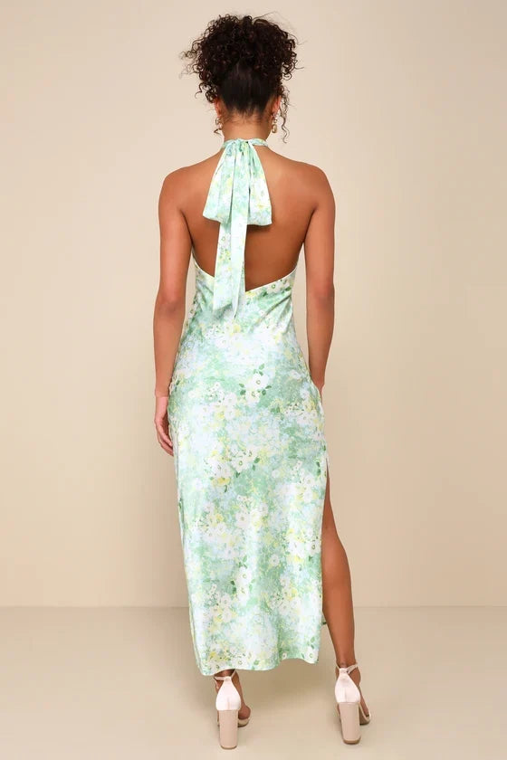 Halter Satin Sleeveless High Slit Midi Prom Dress - Chloe Dress