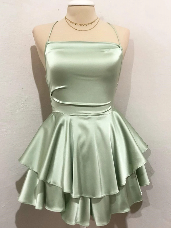 Sage Green A-Line Spaghetti Strap Satin Tiered Mini Homecoming Dress - Chloe Dress