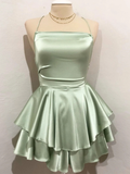 Sage Green A-Line Spaghetti Strap Satin Tiered Mini Homecoming Dress - Chloe Dress