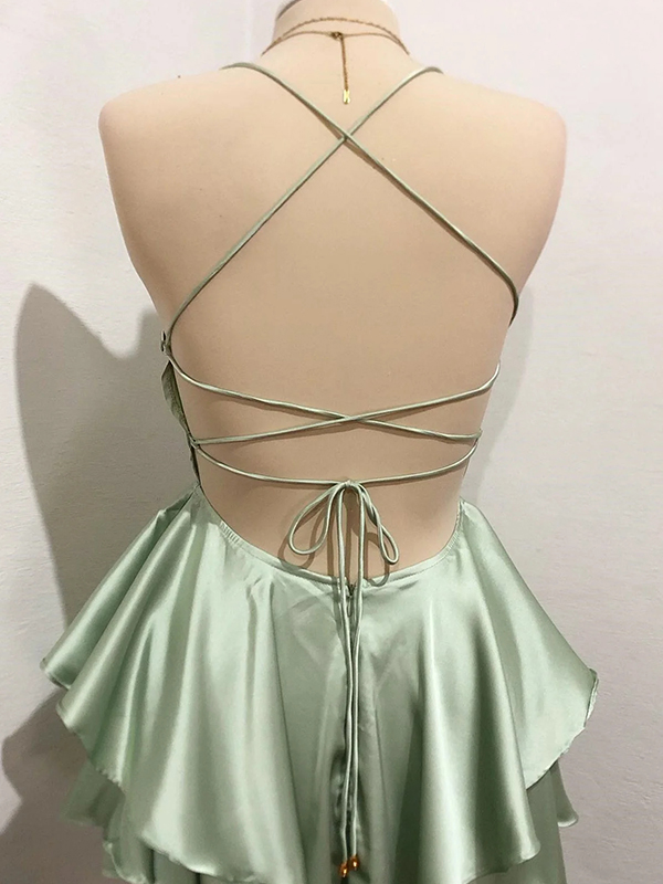 Sage Green A-Line Spaghetti Strap Satin Tiered Mini Homecoming Dress - Chloe Dress