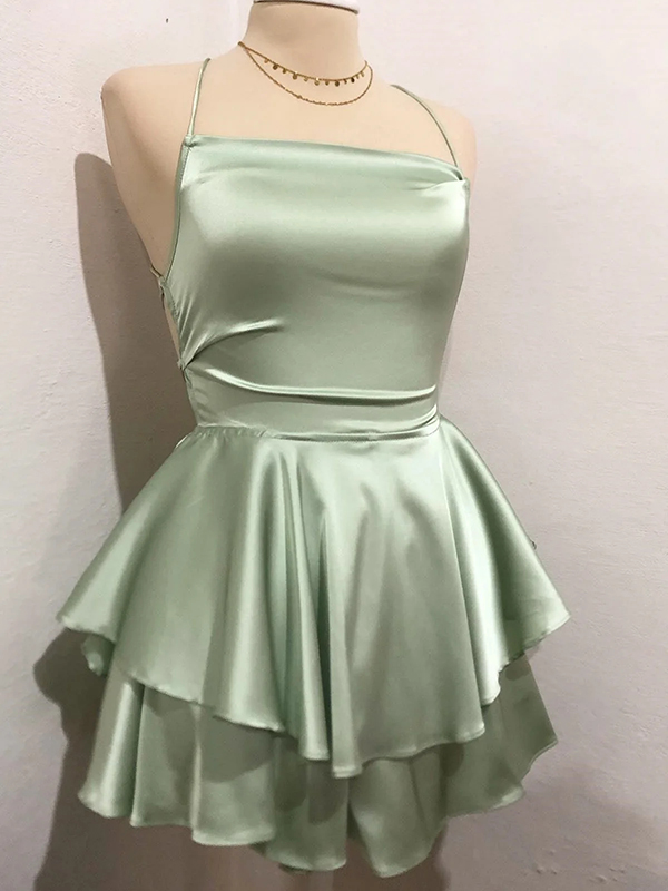 Sage Green A-Line Spaghetti Strap Satin Tiered Mini Homecoming Dress - Chloe Dress